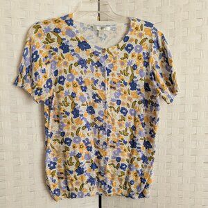 Liz Claiborne short sleeve 100% cotton sweater Rhinestone buttons Spring flowers